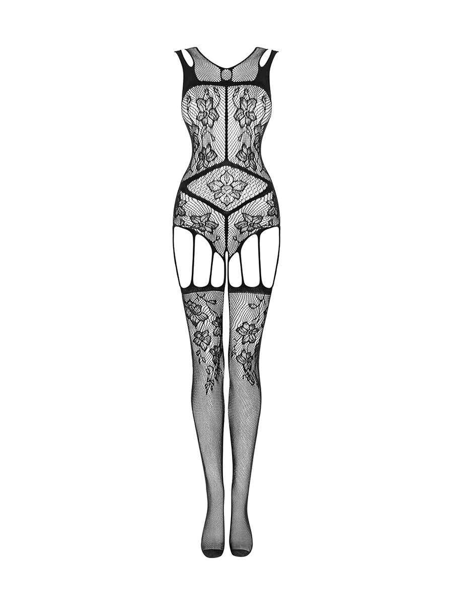F239 Bodystocking with Floral Pattern - Black