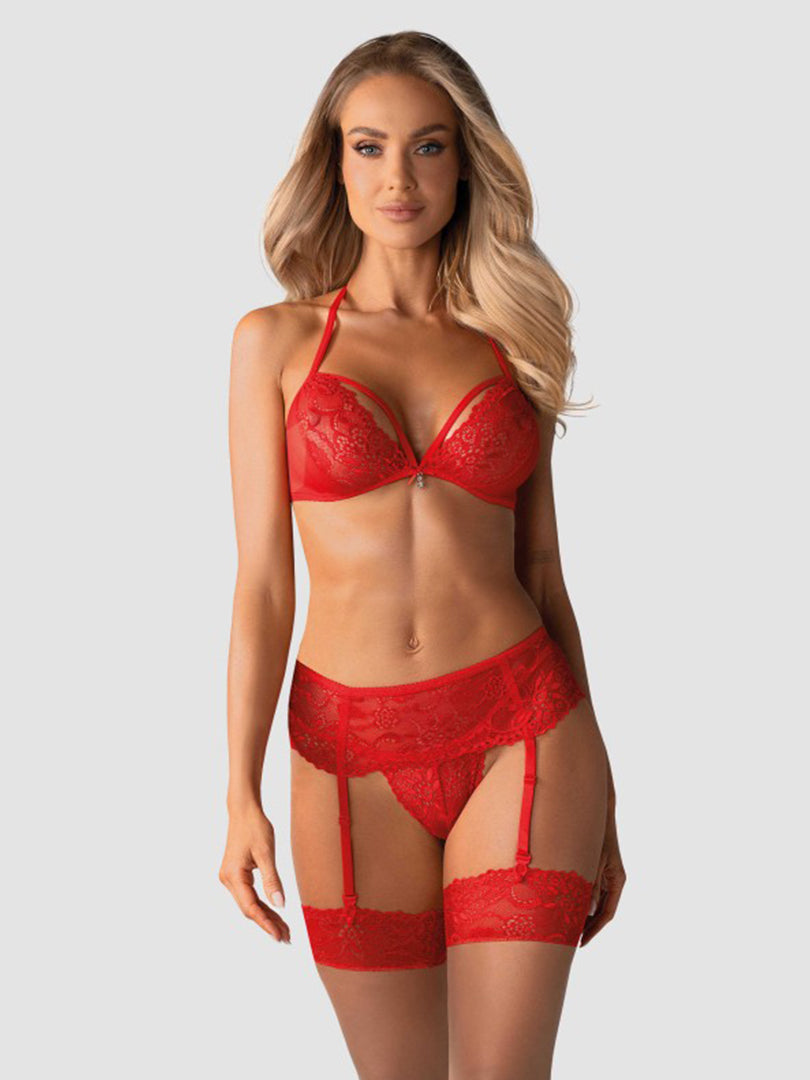 838-SEG 3-Piece Red Lacy Lingerie Set