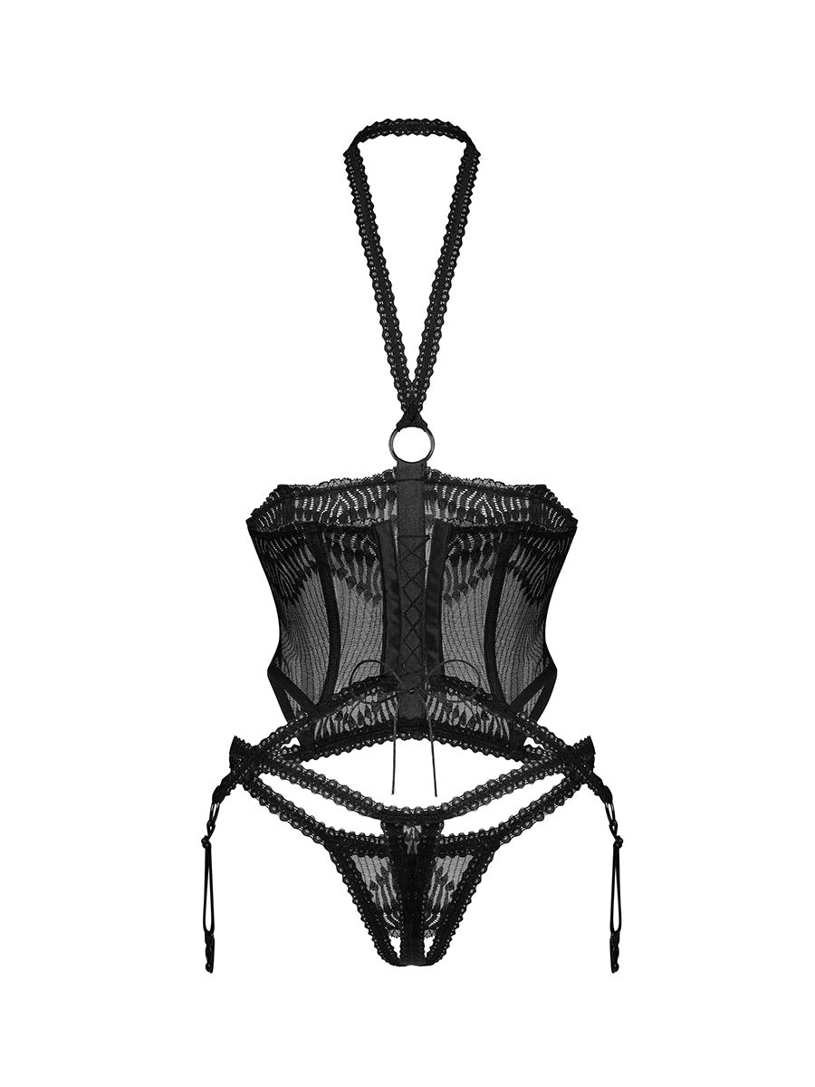 Alliane Cupless Corset and Crotchless thong - Black
