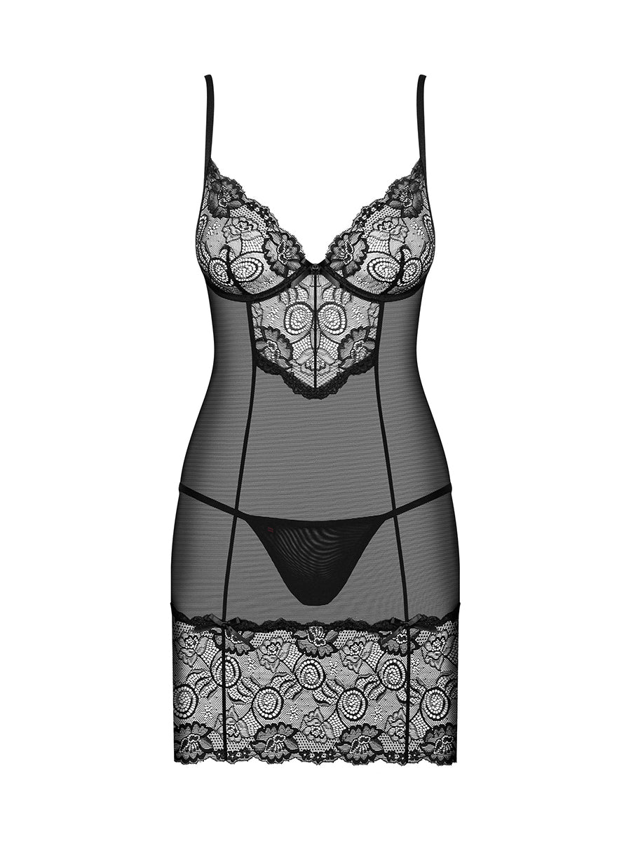 Alluria Underwire Chemise & Thong - Black