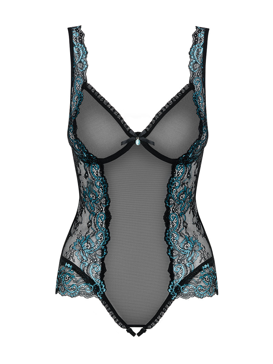 Amanta Subtle Crotchless Teddy - Black and Turquoise