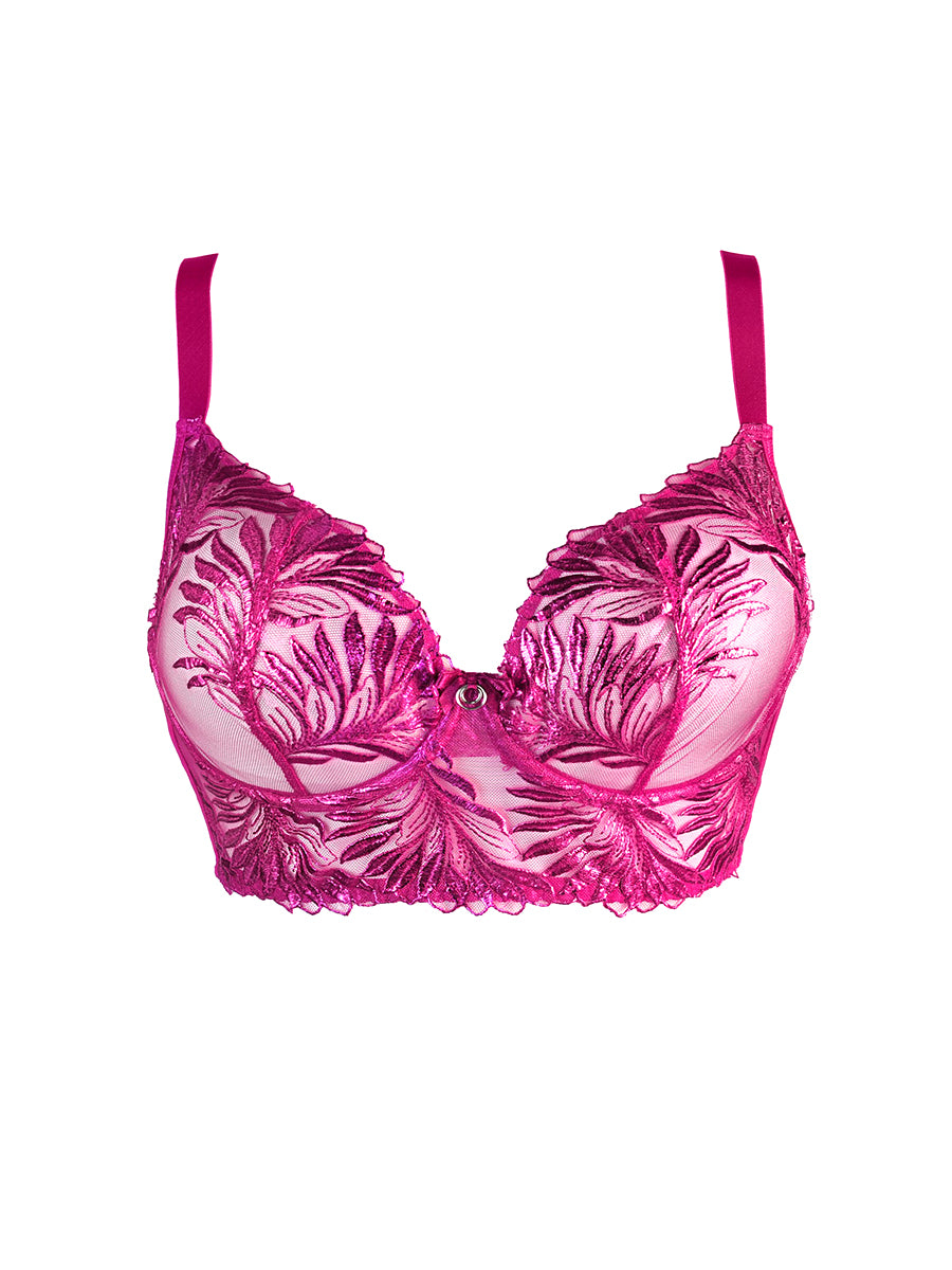 Detailed view of delicate shimmering embroidery on an Axami fuchsia luxury intimate piece