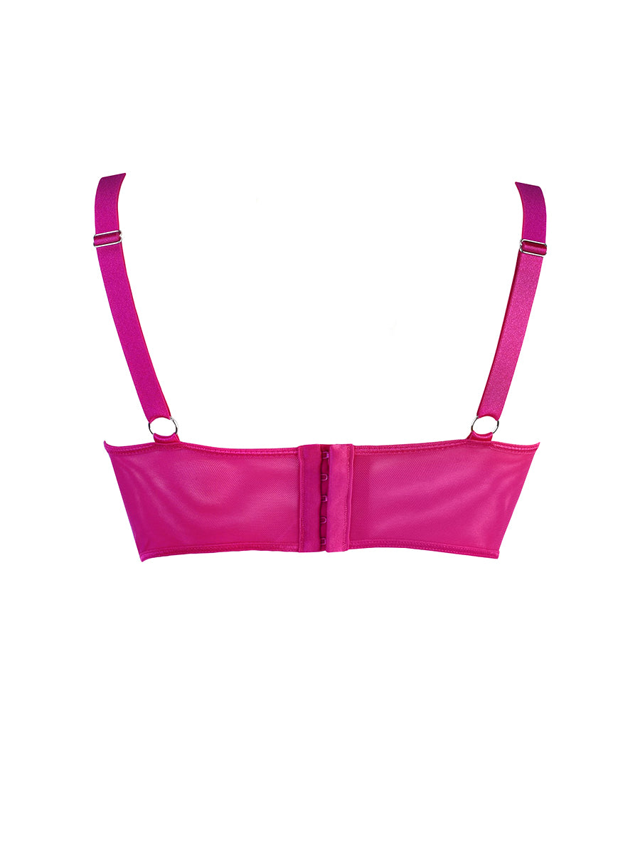 Detailed view of delicate shimmering embroidery on an Axami fuchsia luxury intimate piece