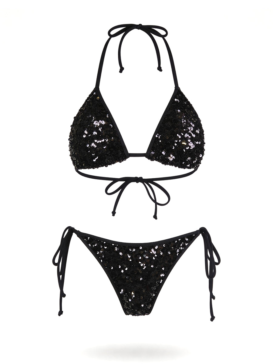 Axami black luminous sequined bikini top with removable pads and string ties