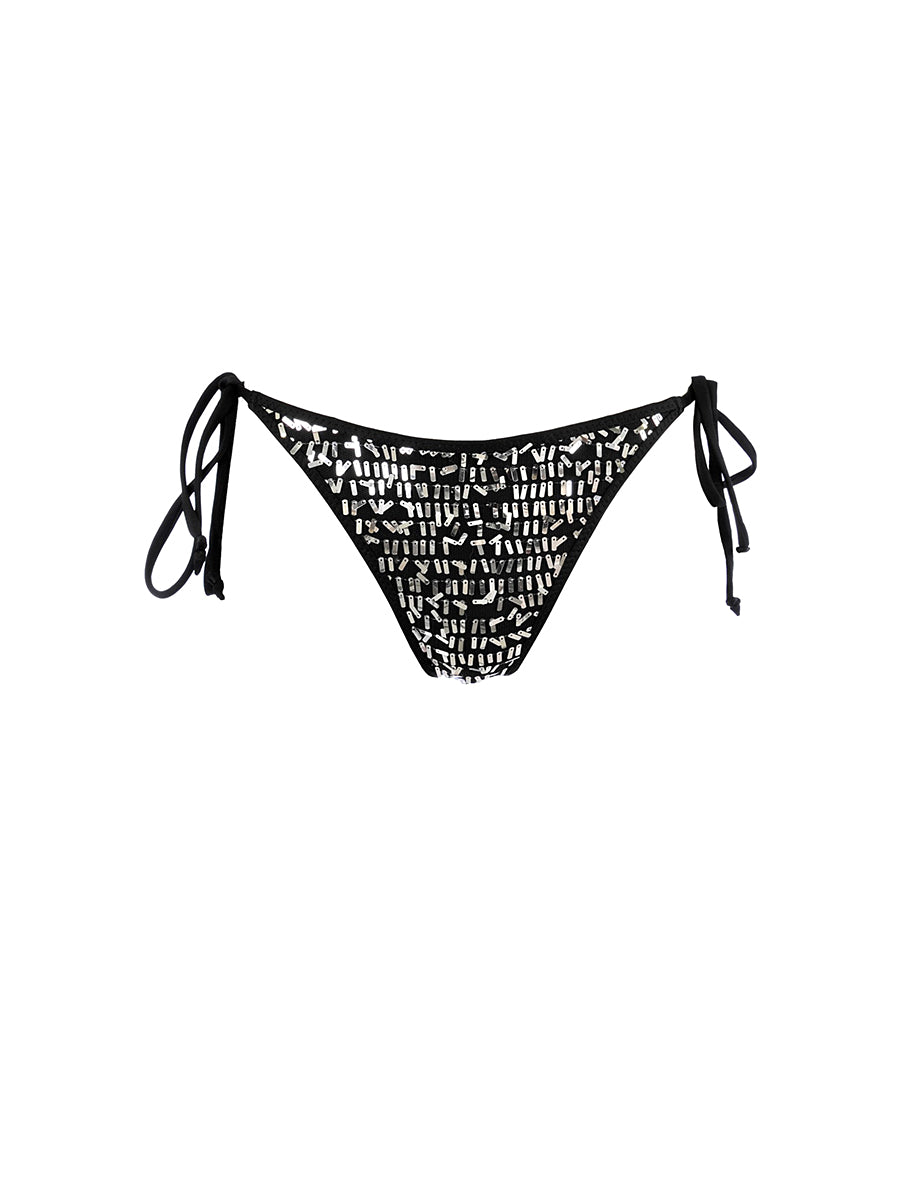 Axami black and silver sequined cheeky bikini bottom with side ties and ruched back
