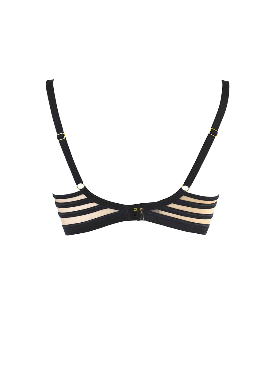 Axami unlined black tulle bra with an elastic beige back intersected by black satin ribbons