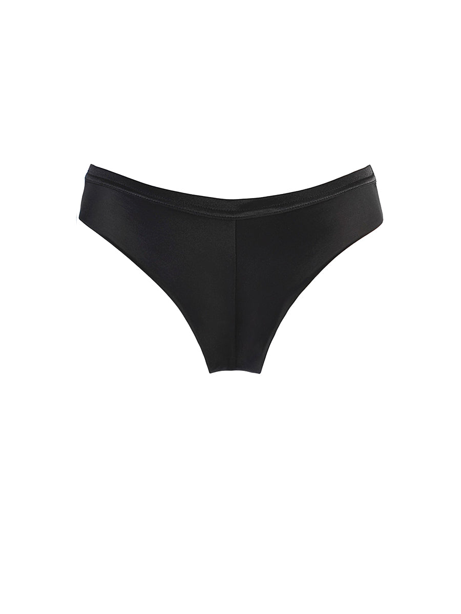 Axami black and beige brasiliana thong featuring graphic black string details and a sheer tulle back