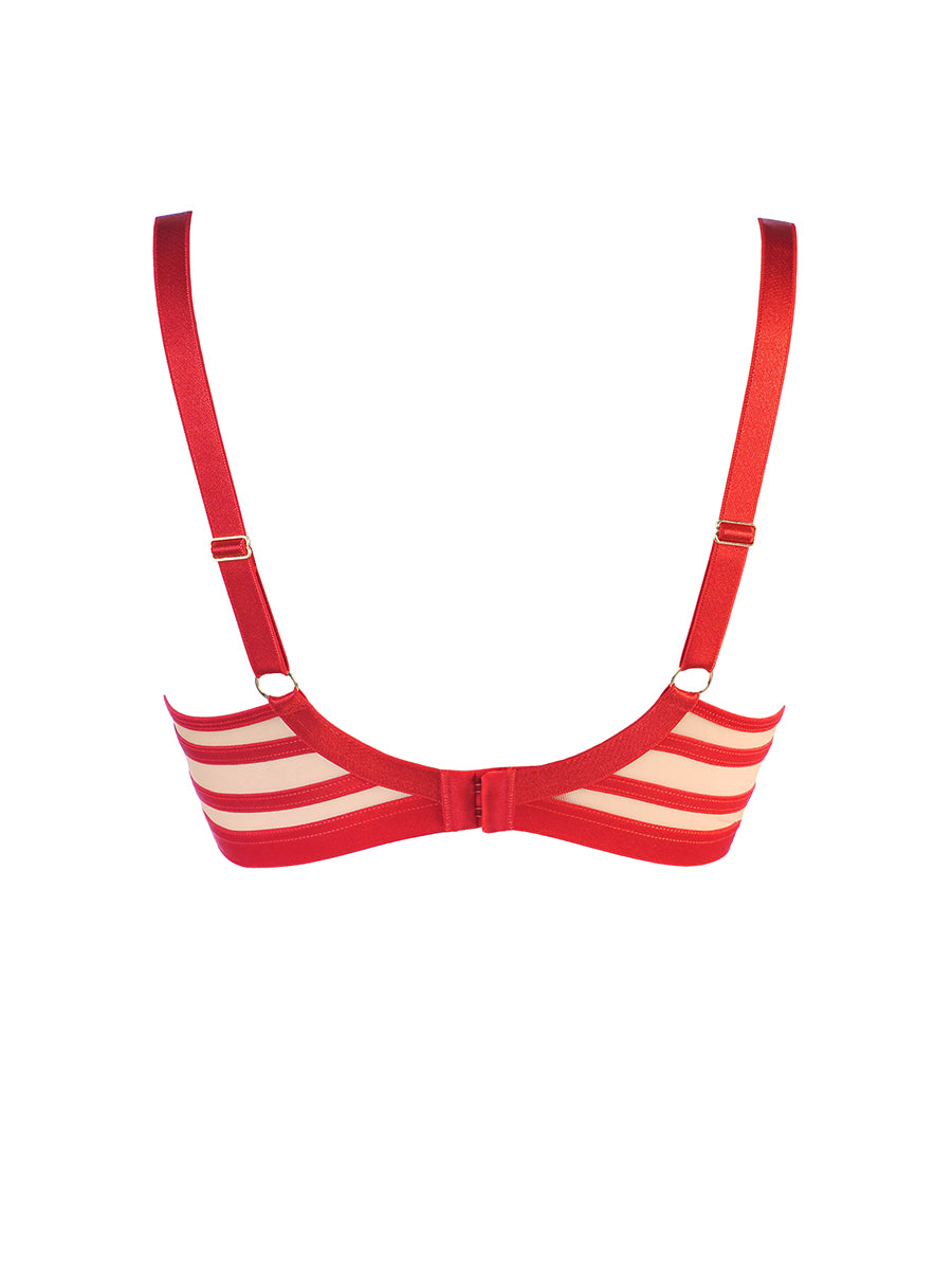 Axami unlined crimson red tulle soft bra featuring architectural satin stripes and gold hardware