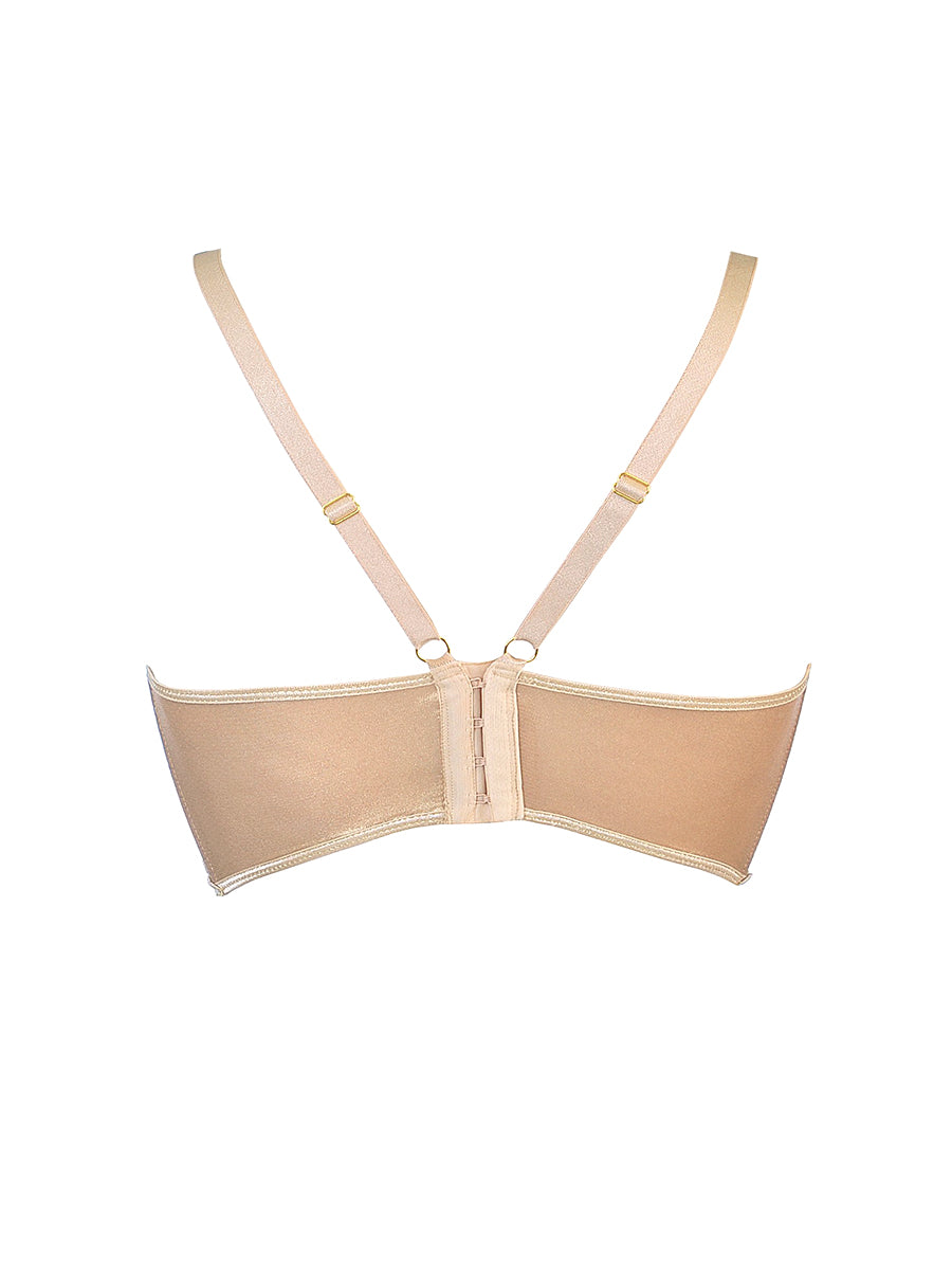 Close-up of exclusive European gold embroidery on an Axami sheer semi-corset bra