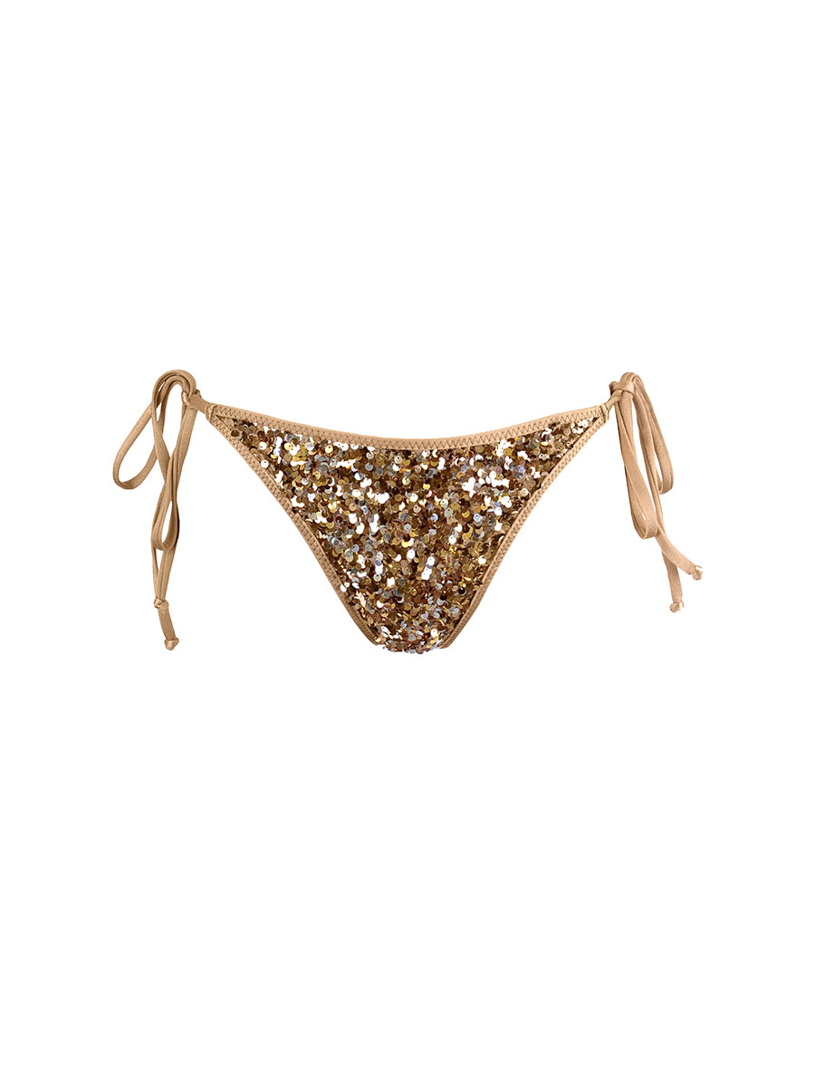 Axami golden sequined cheeky bikini bottom designed for glute contouring