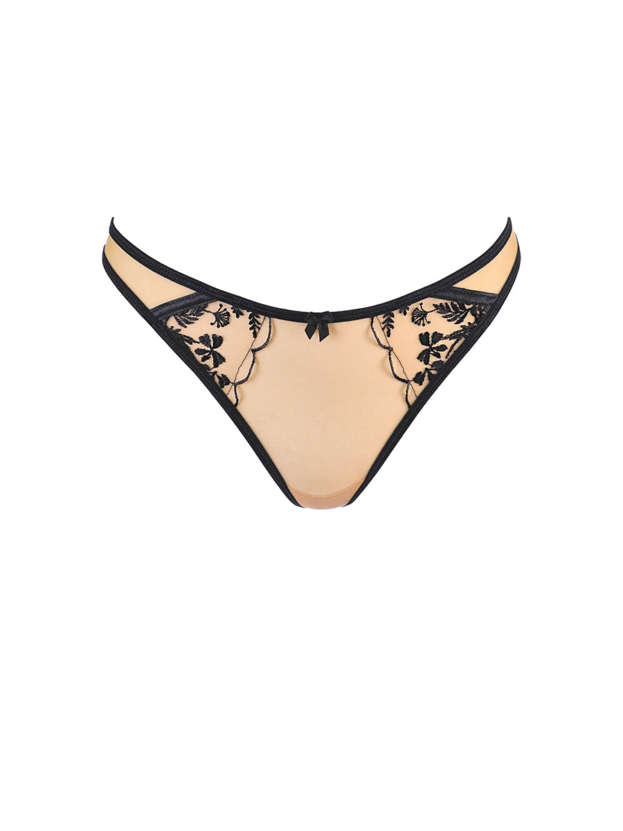 Axami Just Like Heaven V-10808 nude-black string thong panty with rich black embroidery