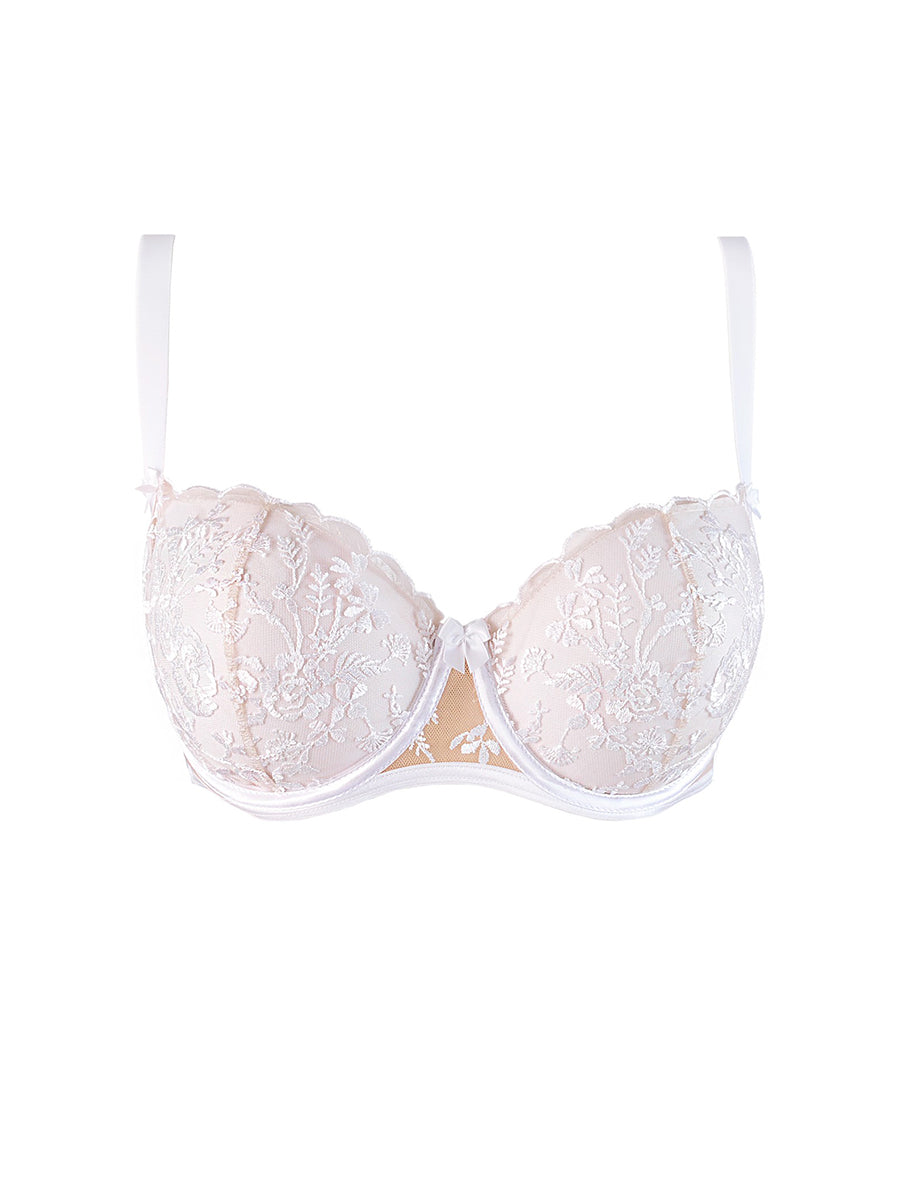 Axami Just Like Heaven V-10781 angelic white embroidered bra with nude sheer tulle backing and gold hardware