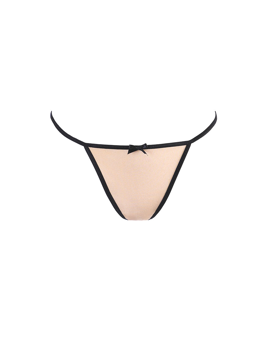 Axami wire-free babydoll chemise in mocha beige microfiber and black lace with a matching thong