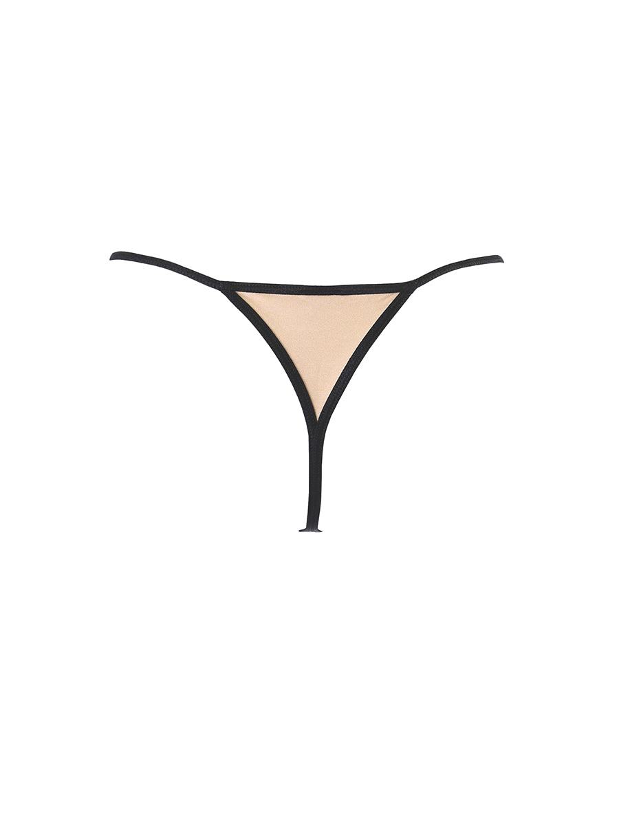 Axami wire-free babydoll chemise in mocha beige microfiber and black lace with a matching thong