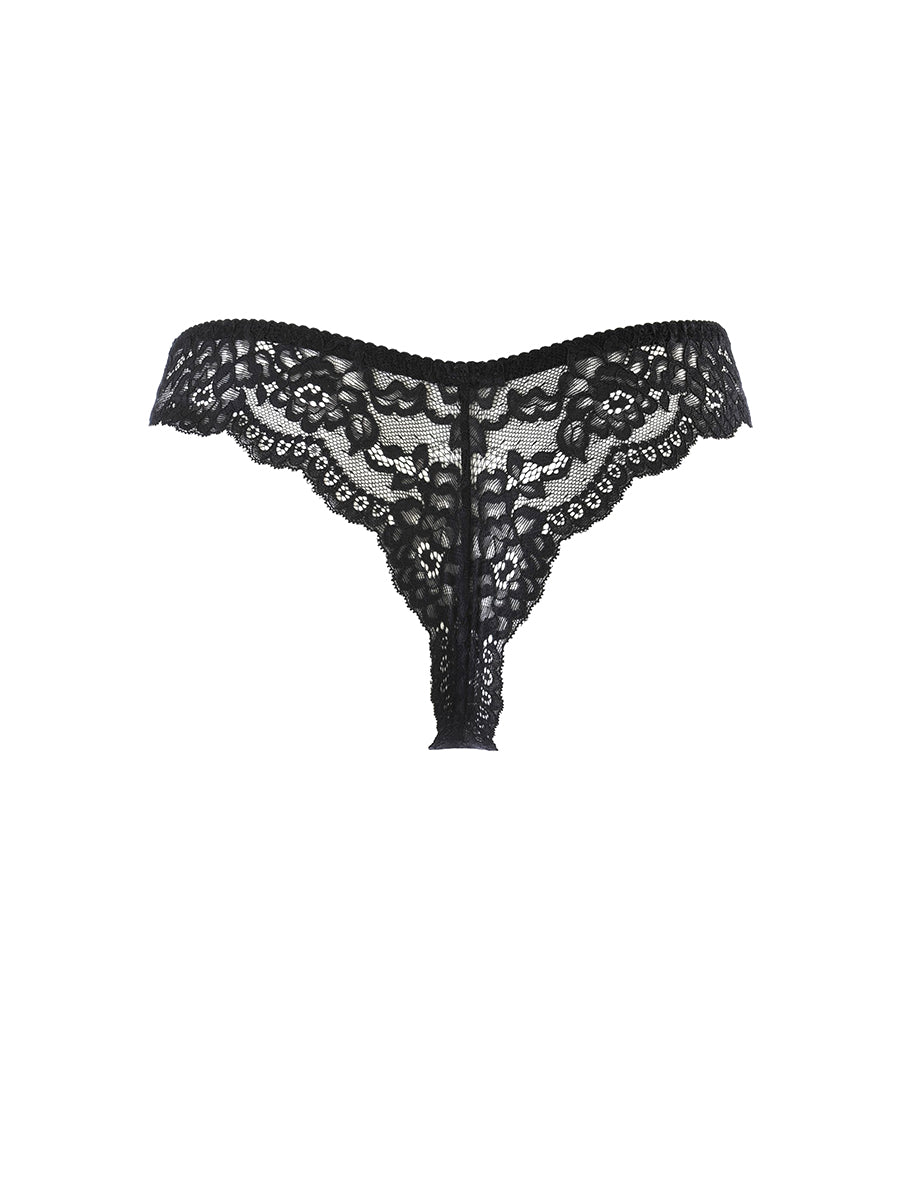 Axami black lace brasiliana thong with classic floral embroidery and a sheer lace back