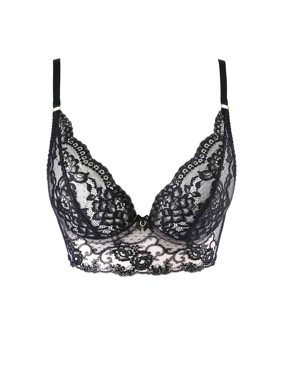 Axami black lace longline soft bra with unlined cups and structural under-bust embroidery