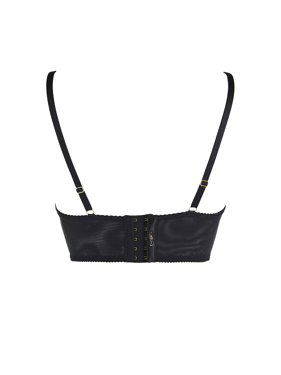 Axami black lace longline soft bra with unlined cups and structural under-bust embroidery