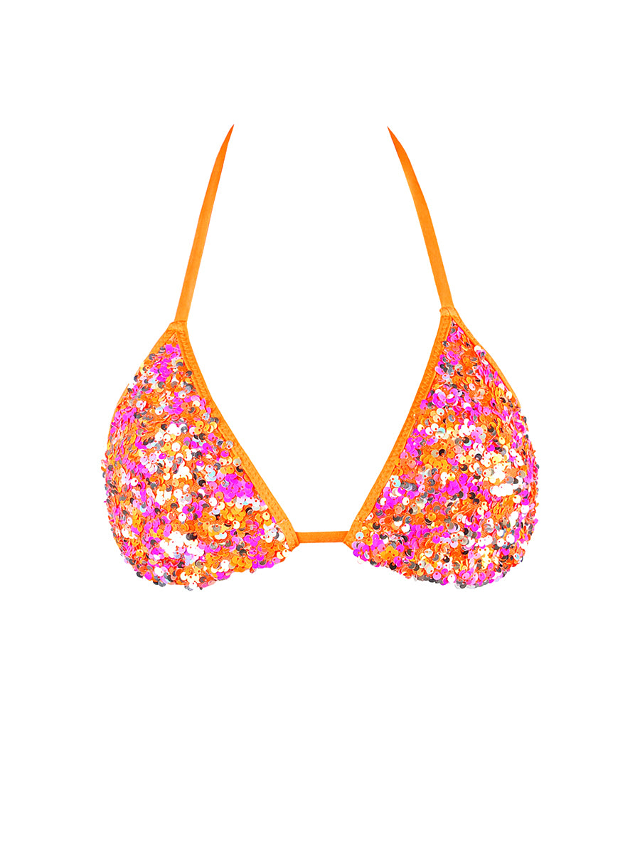 Axami orange shimmering sequined triangle bikini top with high-recovery fabric