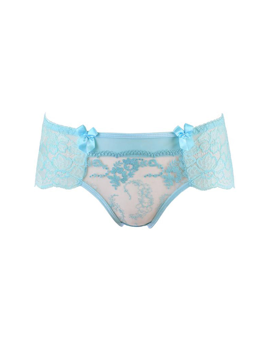 Axami blue sheer lace brief panty with a central shimmering embroidery insert.