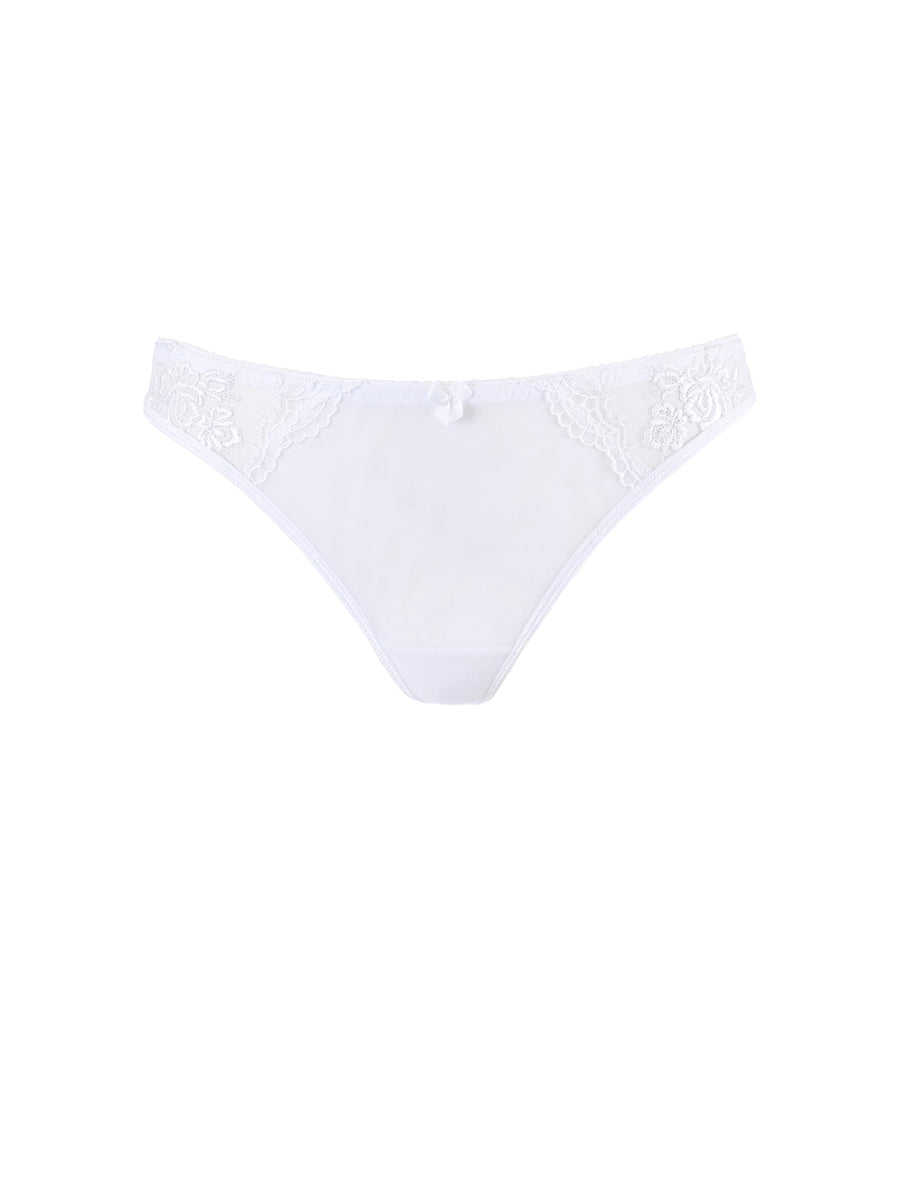 Axami white lace string thong featuring an architectural round cutout detail at the back.