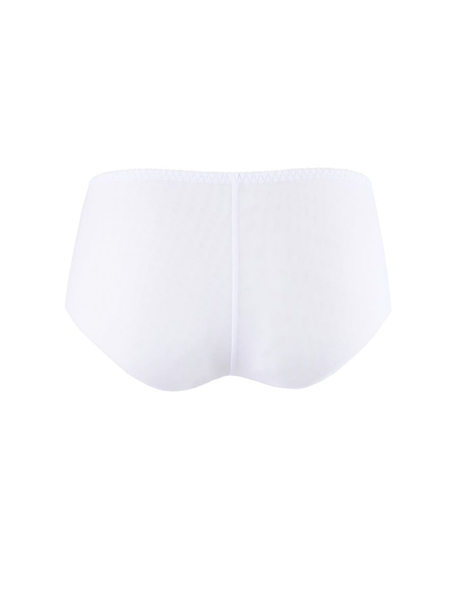 Axami white mid-coverage brief panty combining a floral lace front with a seamless sheer tulle back.