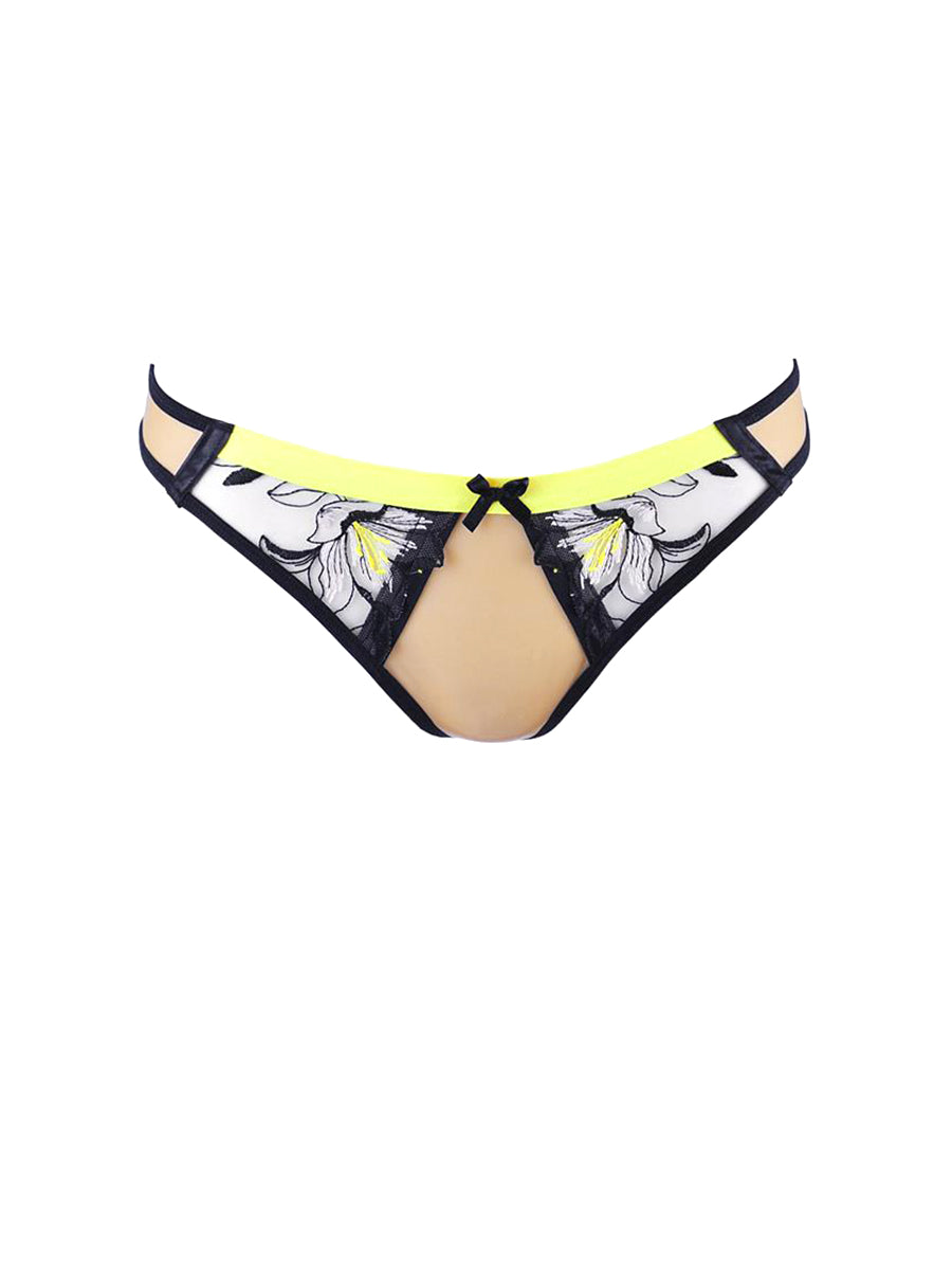 Axami Passion Wave black and beige opaque string thong panty with geometric lace tulle overlay