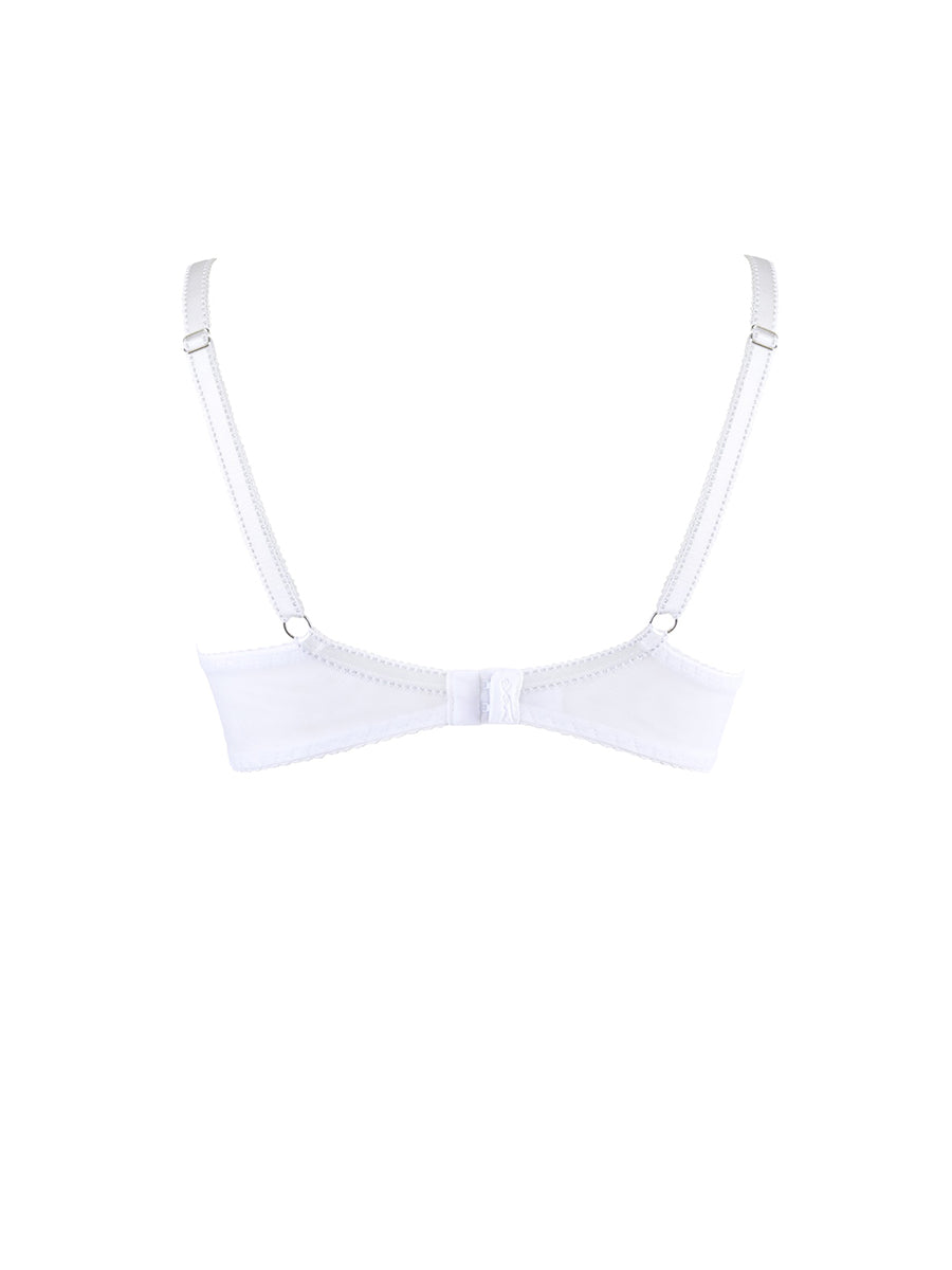 Axami unlined white floral lace bra featuring a dropped center gore and structural underwire.