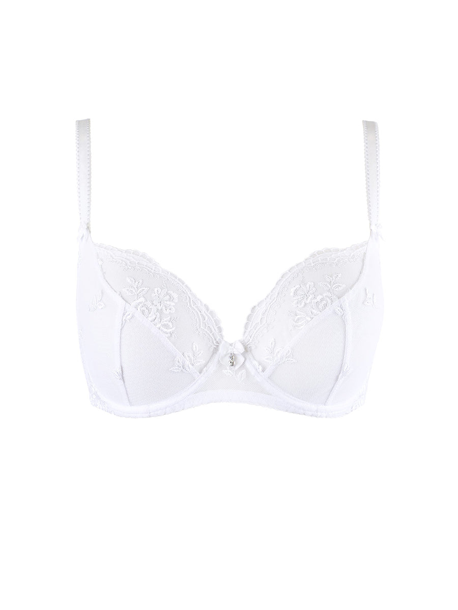 Axami unlined white balconette bra featuring architectural seaming, silver-threaded straps, and a central zircon detail.