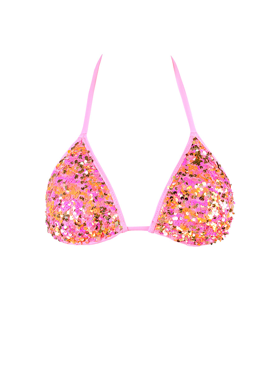 Axami pink sequined halter bikini top with removable padding for luxury resort wear