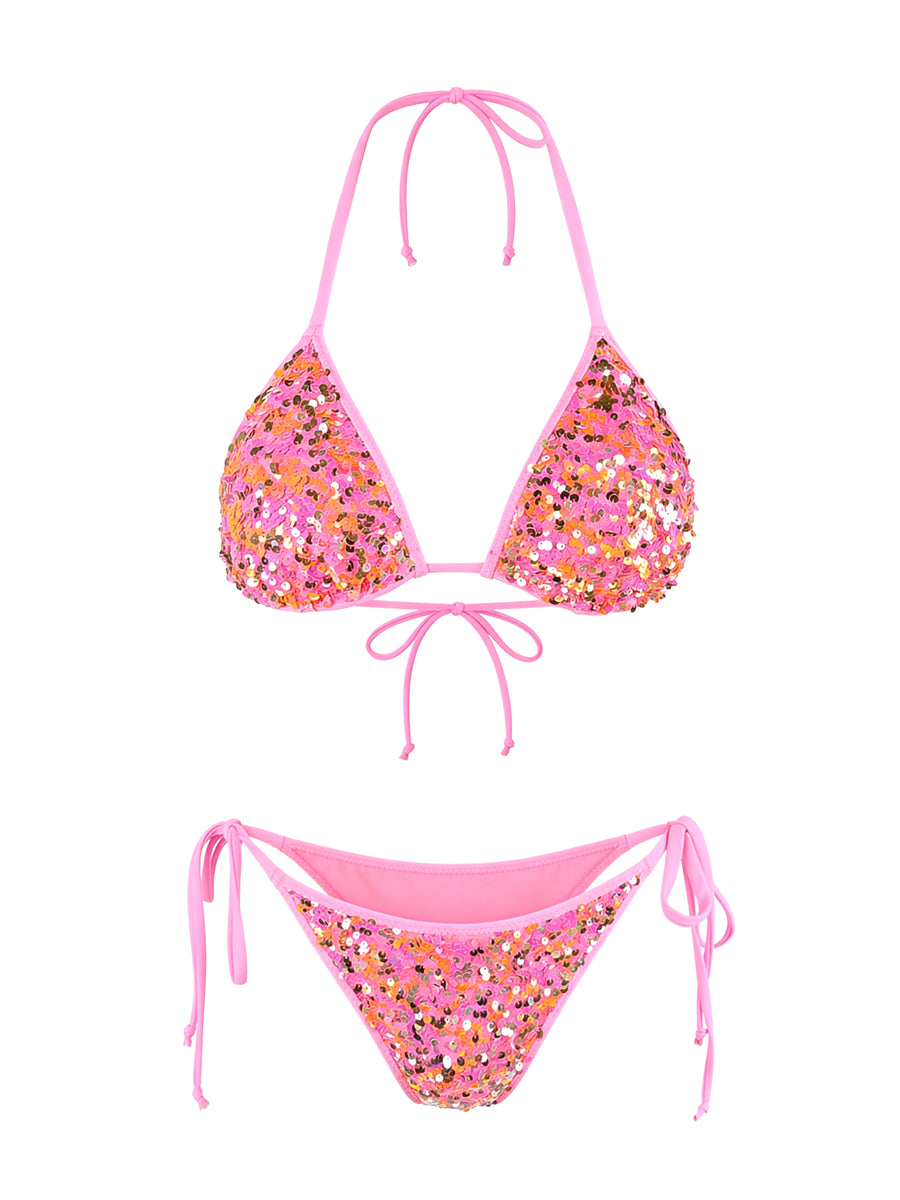 Axami pink sequined halter bikini top with removable padding for luxury resort wear