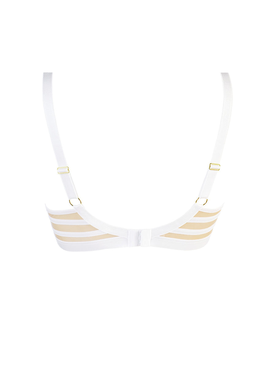 Axami white soft bra featuring sheer tulle cups and architectural satin ribbon strapping