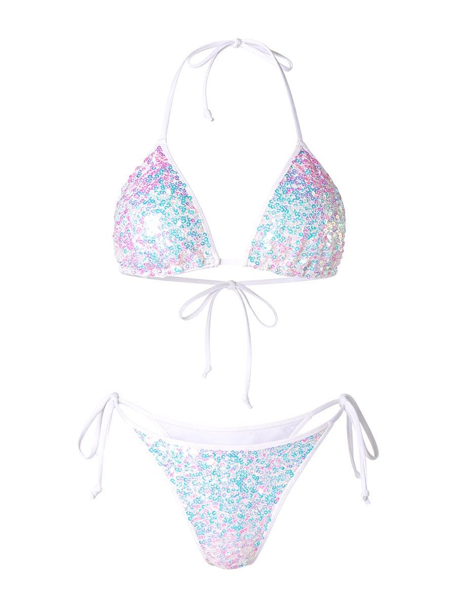 Axami white sequined sliding triangle bikini top designed to catch sunlight