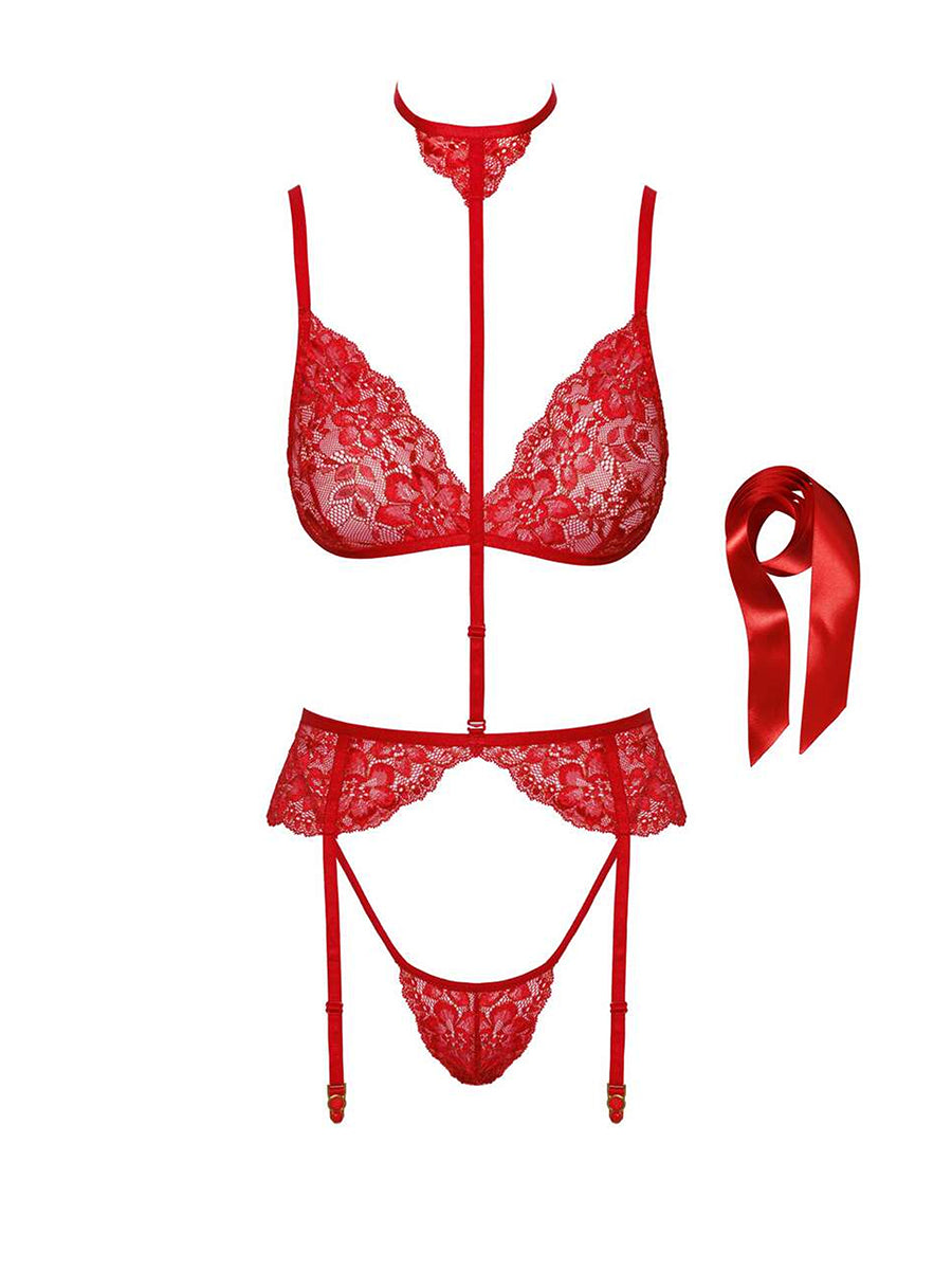 KISS243 Bondage 5 Pieces Lingerie Set - Red