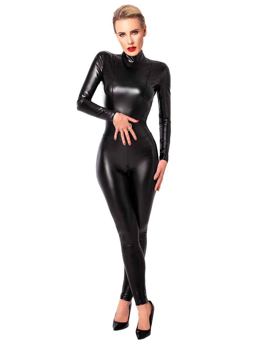 Caged Wetlook Catsuit with Zippers and Ring