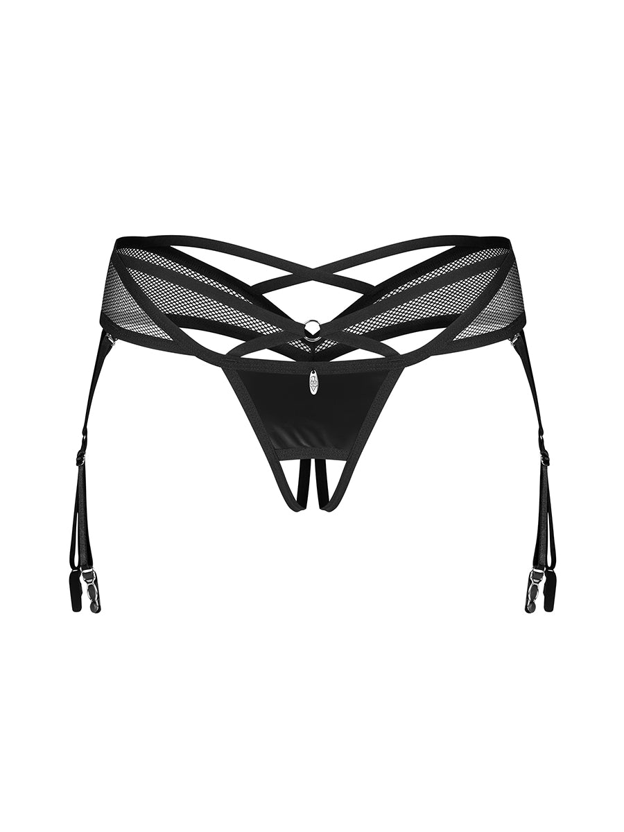Dominna Crotchless Thong with Garter Straps - Black