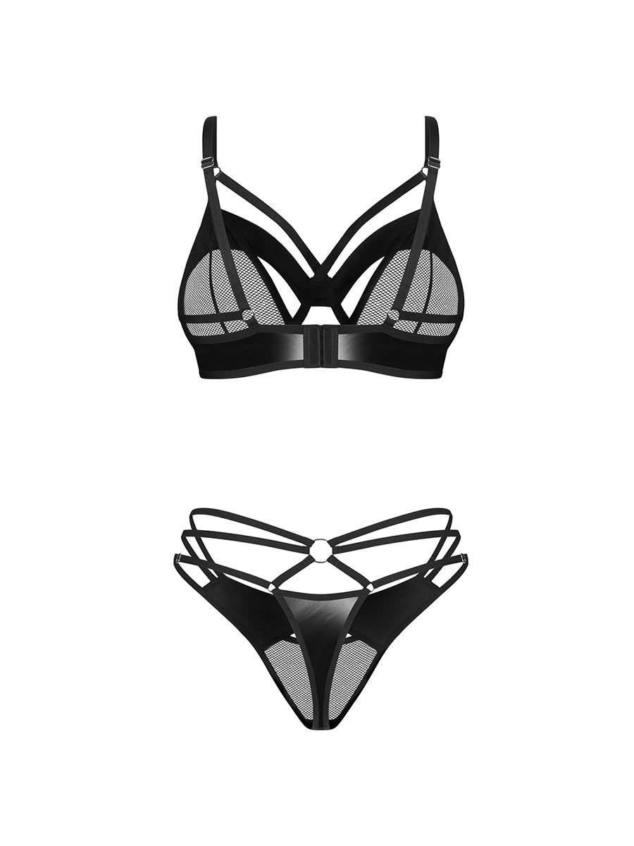 Dominna Lingerie Set with Decorative Straps: Bra & Thong - Black