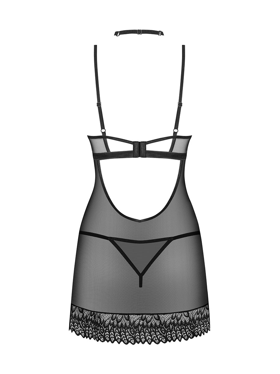 Donarella See-through Chemise Thong & Choker - Black