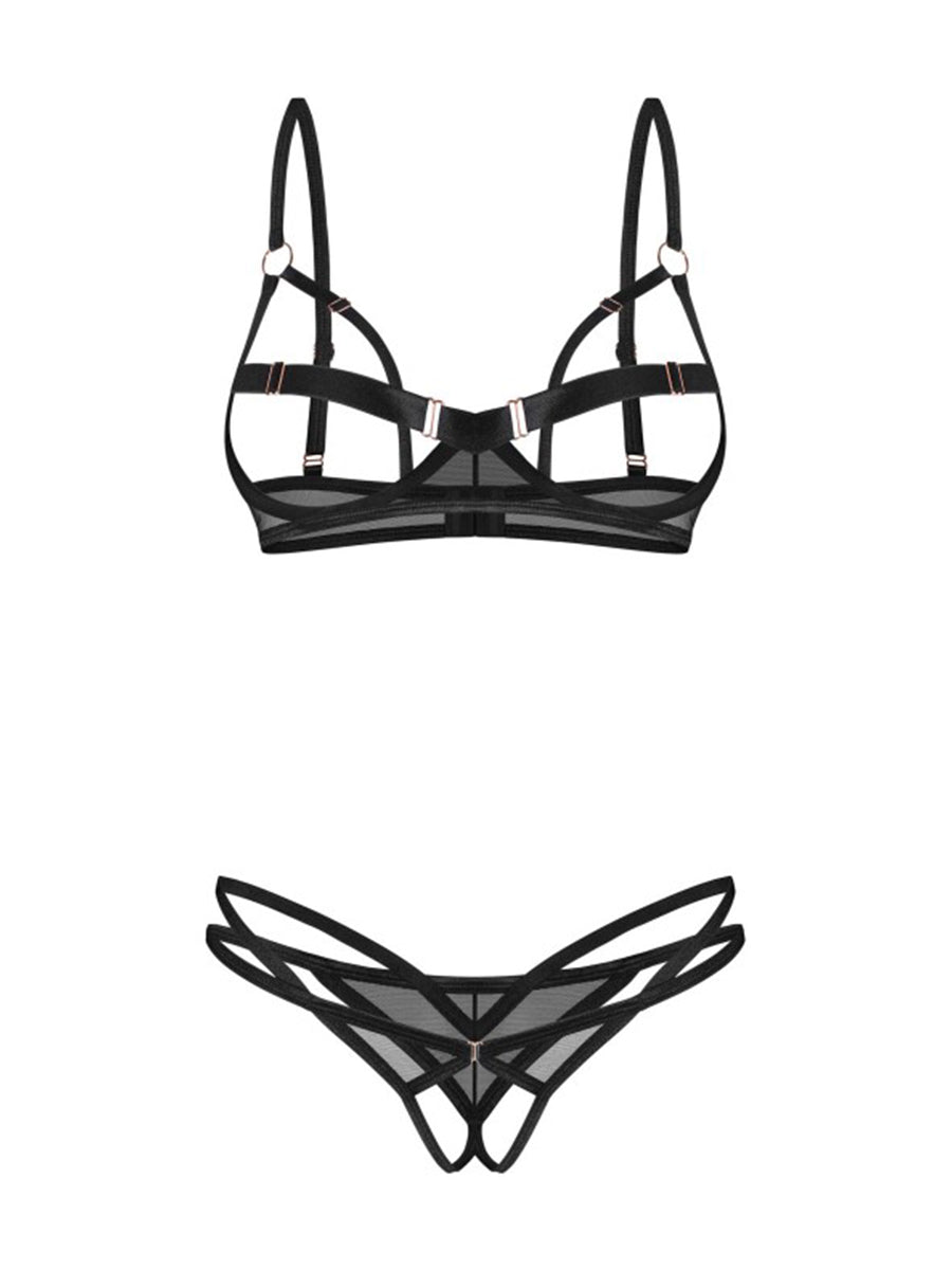 Euridia 2 Pieces Crotchless Lingerie Set - Black