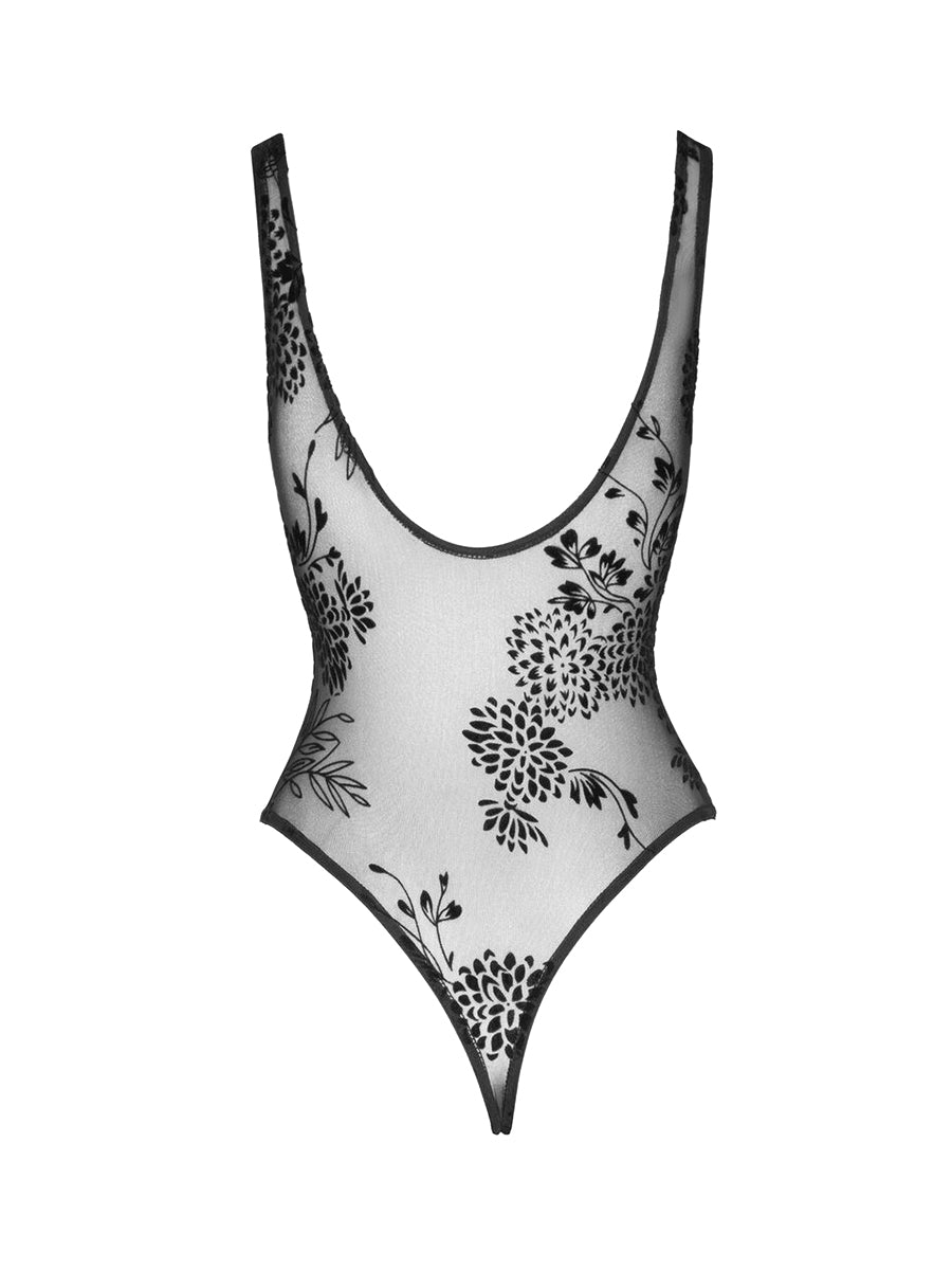 Tulle Bodysuit with Patterned Flock Embroidery