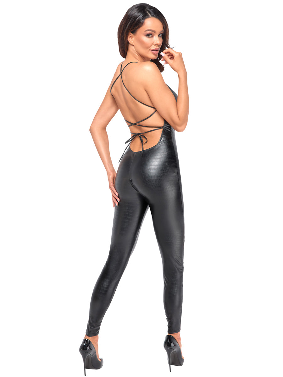 Wild Crocodile Printed Wetlook Catsuit with Lace Up Back