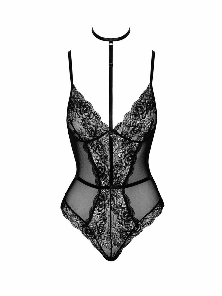 KISS248 First Kiss Black Lace Bodysuit with Choker - Black