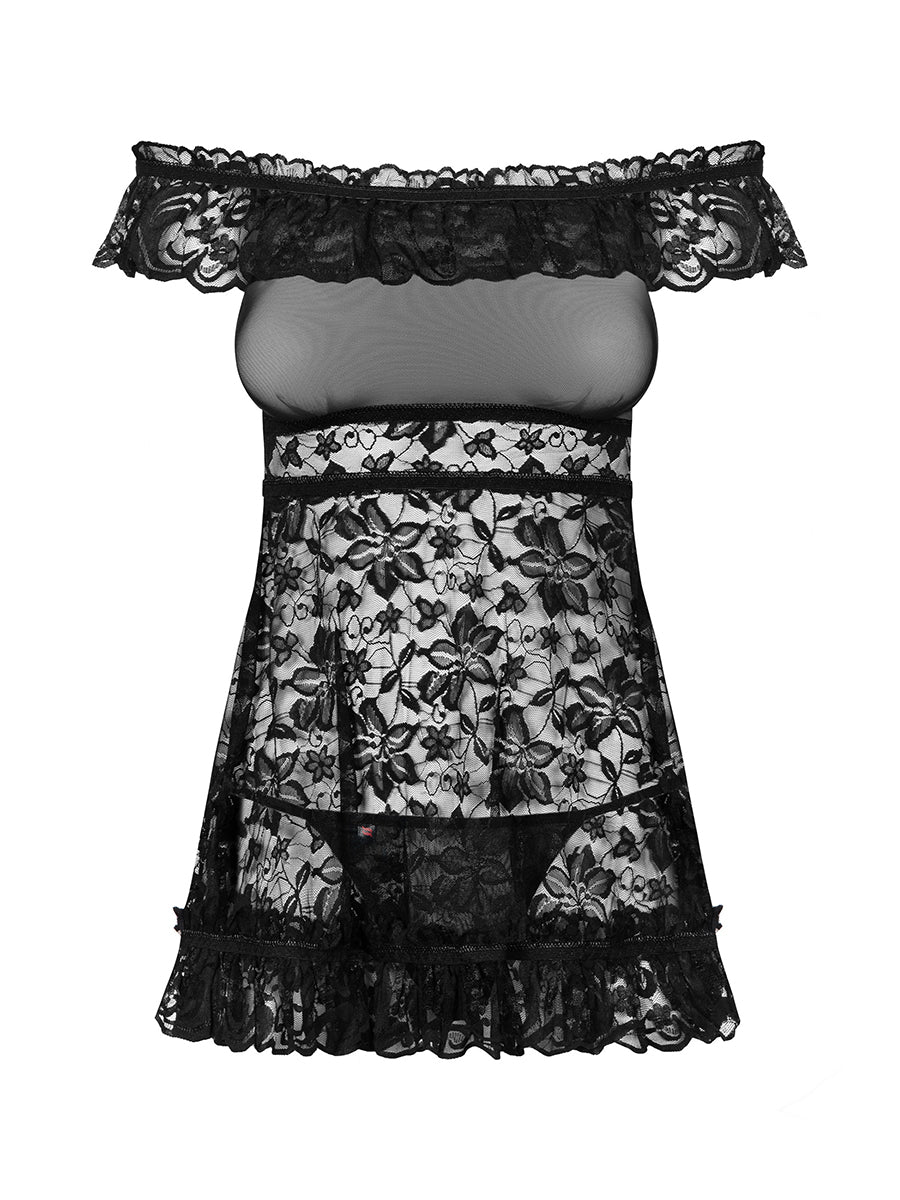 Flores Lace Babydoll & Thong - Black