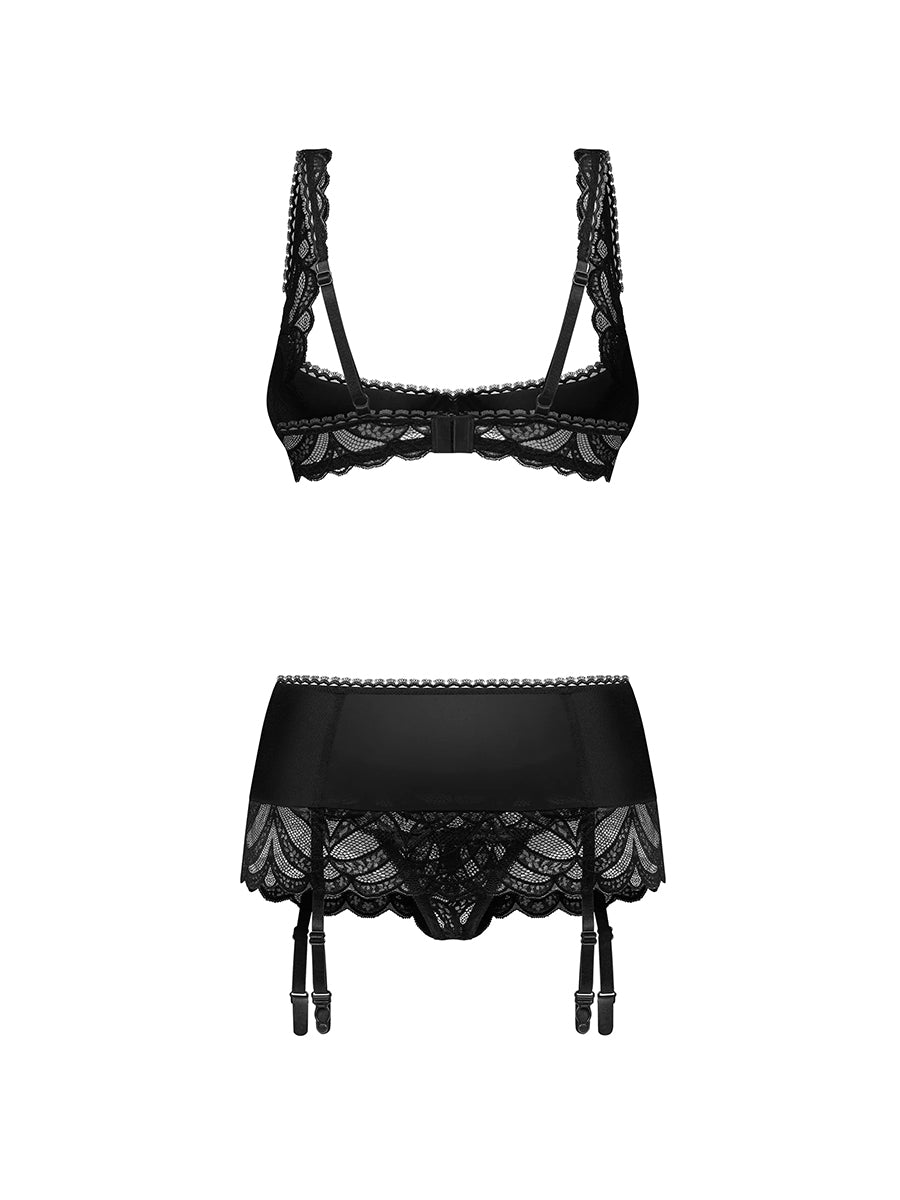 Lecille Black Lingerie Set: Half-bra, Crotchless Thong, Garter Belt