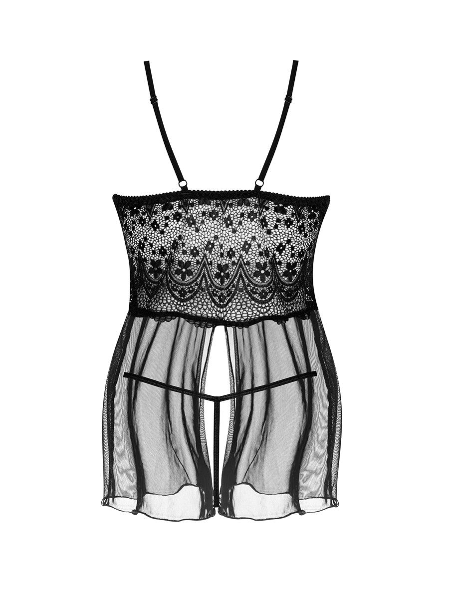 Cinematic flowing black sheer babydoll lingerie set by Beauty Night, featuring moody dark romance aesthetic