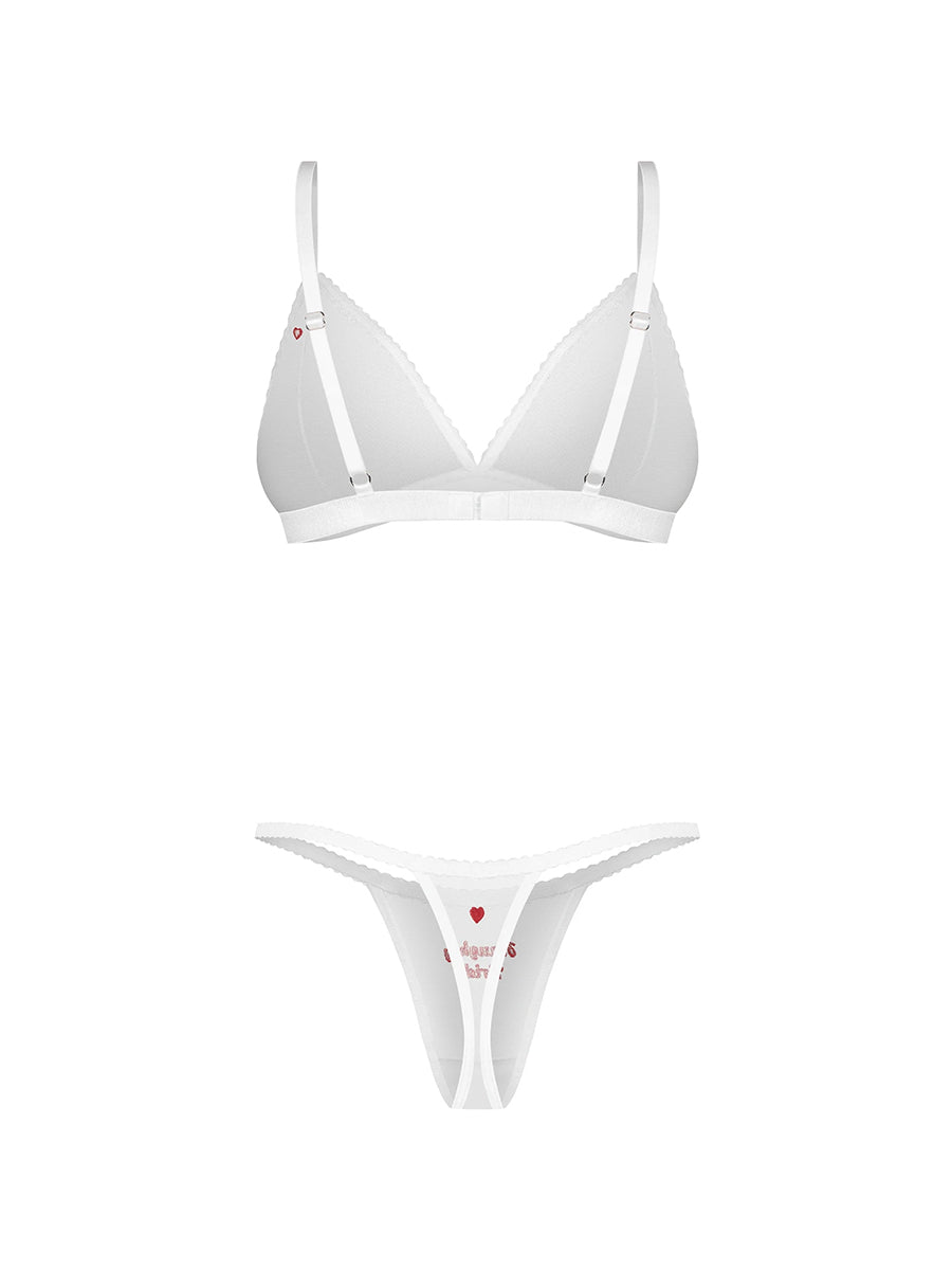 Obsessive Weddya bride lingerie 3-piece set including an underwire bra, classic thong, and crotchless thong.