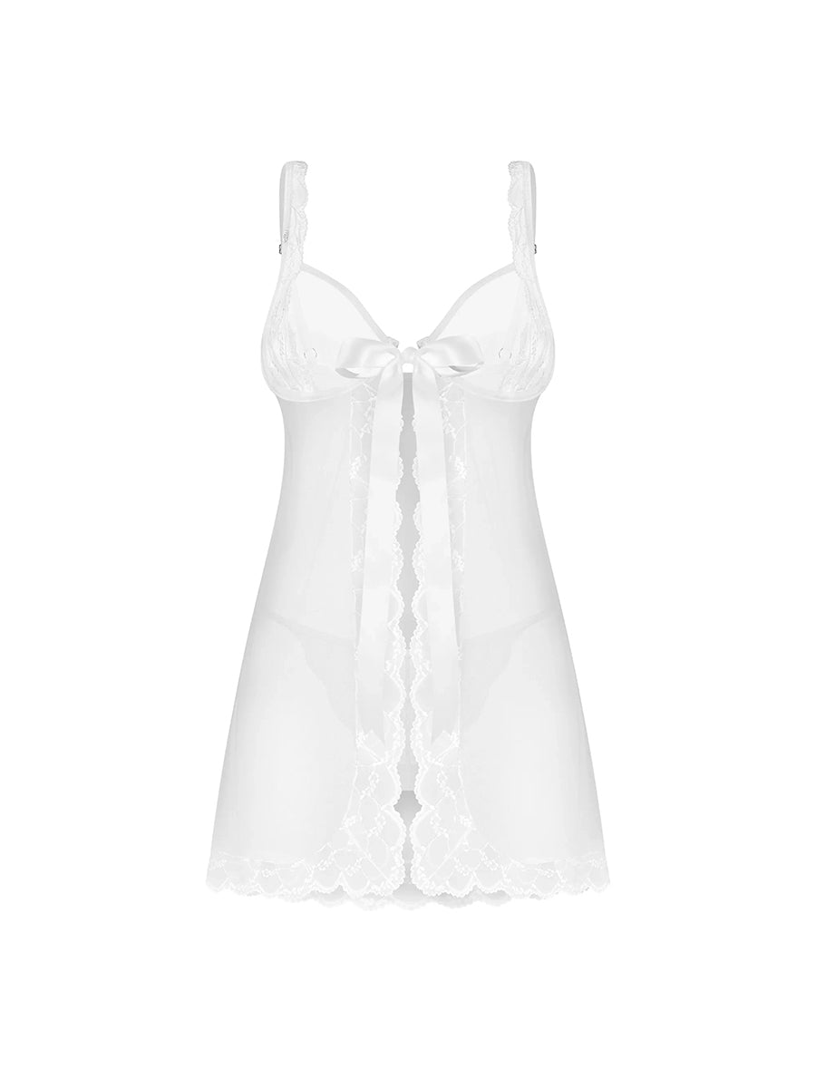 Obsessive Weddya white bridal babydoll chemise with floral lace trim and matching thong