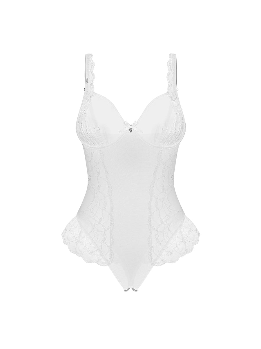 Obsessive Weddya white bridal crotchless teddy with underwired lace cups and sheer body