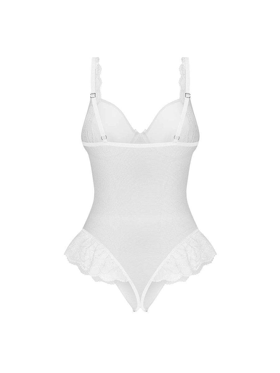 Obsessive Weddya white bridal crotchless teddy with underwired lace cups and sheer body