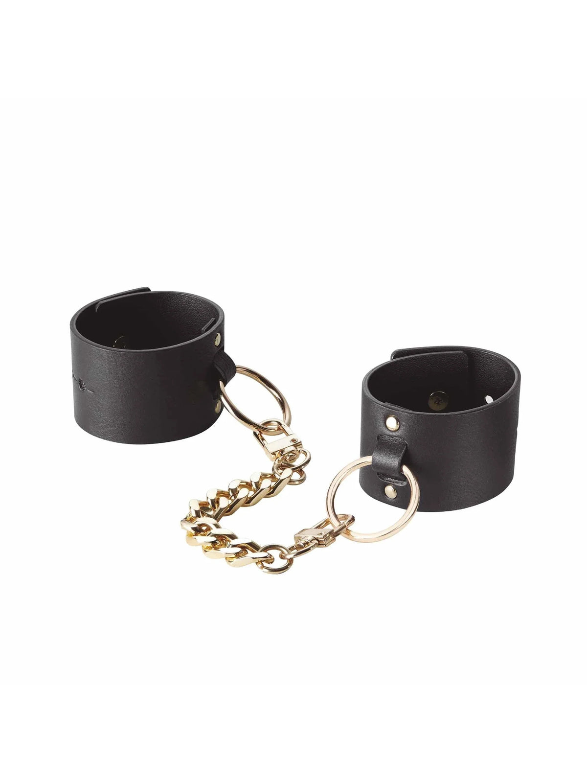 Bijoux Indiscrets MAZE Wide Cuffs featuring adjustable black straps and elegant hardware, designed for refined intimate play.