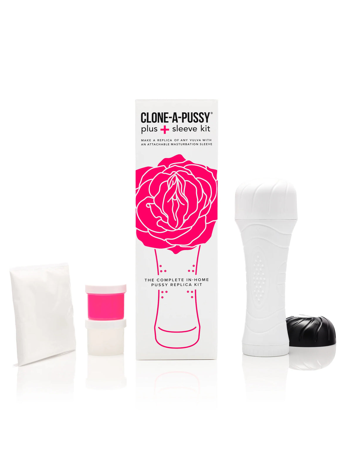 The comprehensive Clone-A-Pussy Plus+ Sleeve Kit in Hot Pink, featuring body-safe silicone, an attachable pleasure sleeve, and a sleek carrying case.